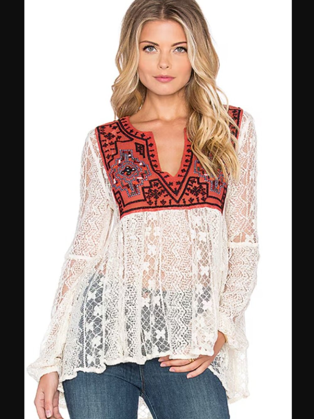Free People Southwestern Boho Embroidered Lace Tunic Top Flowy Aztec Hippie Sz M